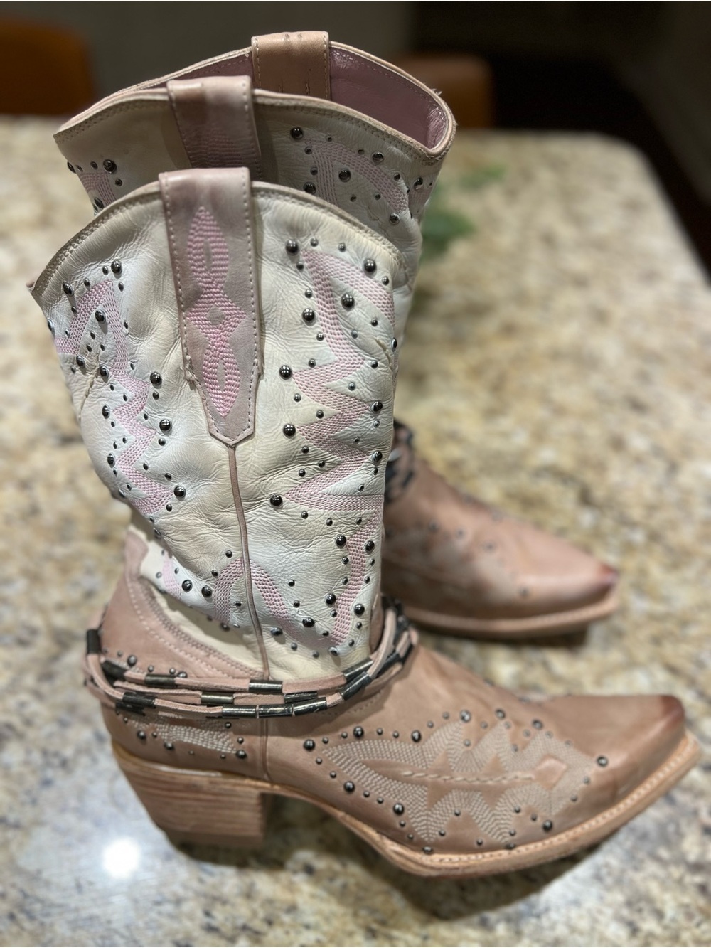 Freebird Wisteria Studded Two-Tone Western Heeled Boots in Pink and Cream 11